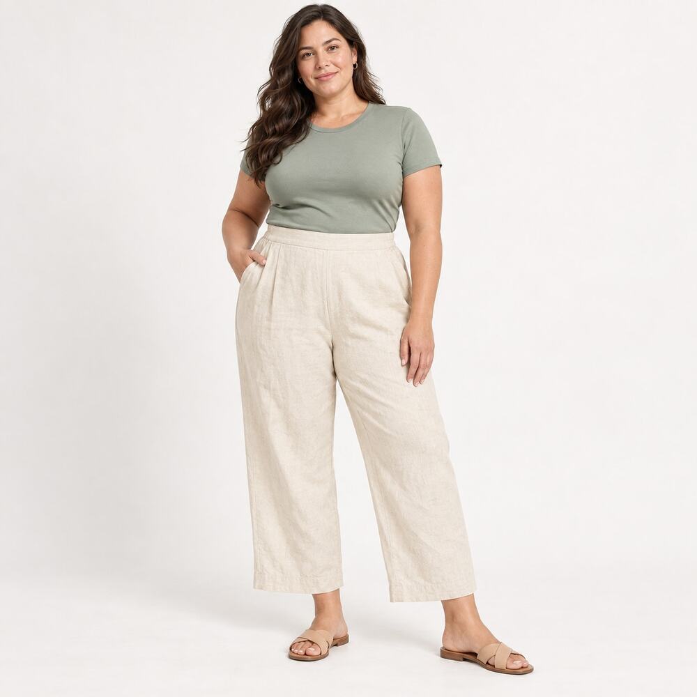 Madewell Pants WMNS 14 Beige Pull-On Straight Crop Linen Blend Resort Minimalist